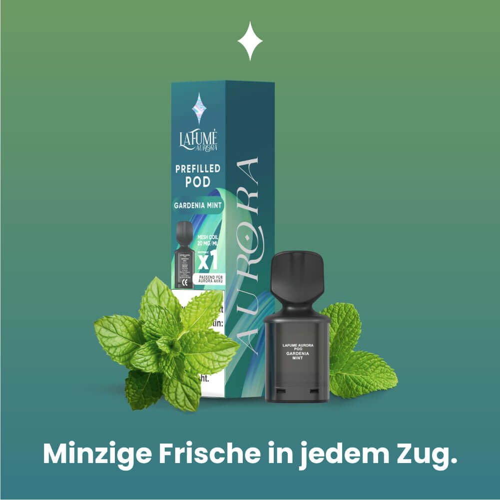 Lafume Aurora Prefilled Pod in Gardenia Mint flavor with mint leaves for a fresh vaping experience.